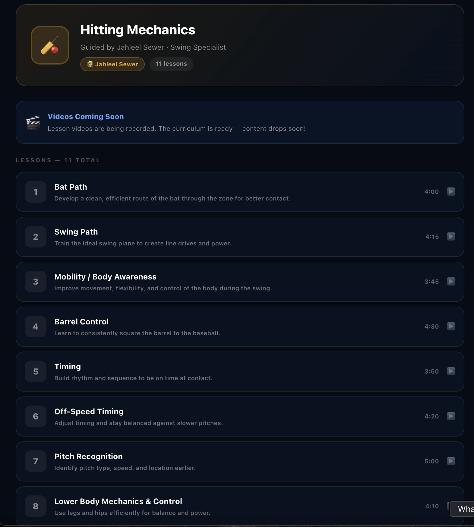 Hitting Mechanics module with 11 lessons