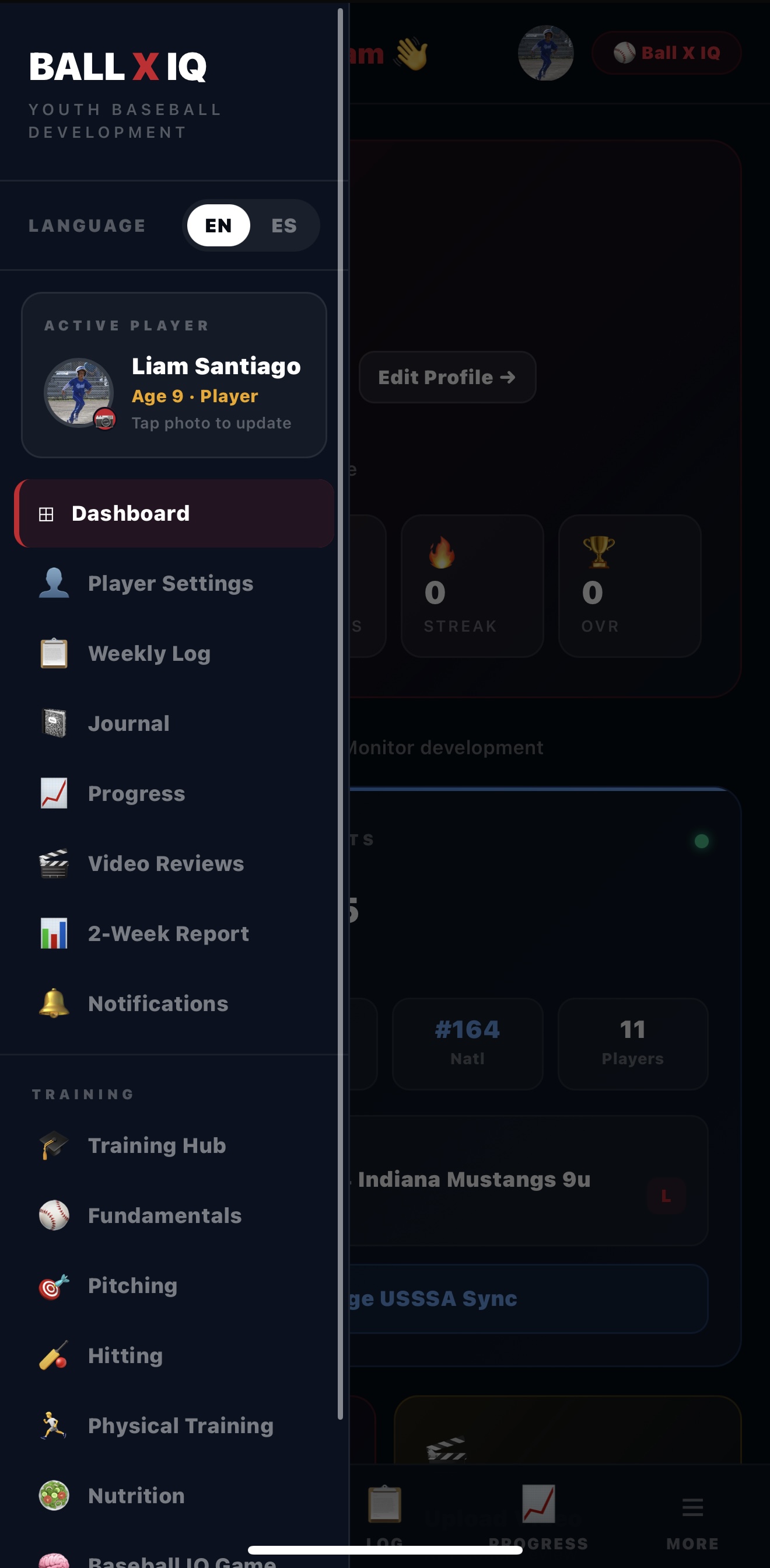 Player sidebar menu with training options